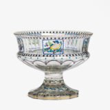 Bohemian Glass Compote, c. 1915, with hand-enamelled birds in scalloped blue panels, geometric glass cutting, gilt rim and a faceted foot decorated with black scrolls and blue leaves.