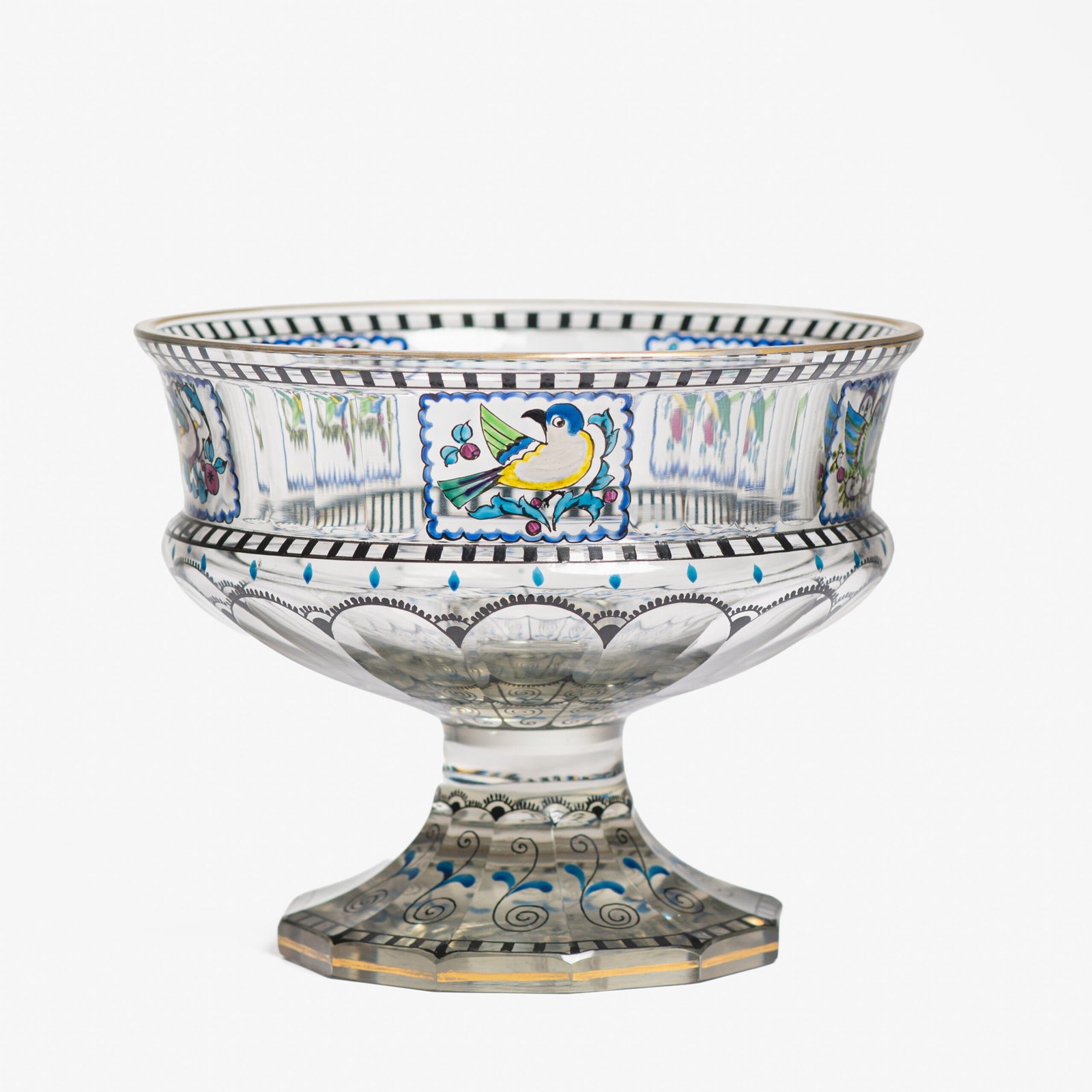 Bohemian Glass Compote, c. 1915, with hand-enamelled birds in scalloped blue panels, geometric glass cutting, gilt rim and a faceted foot decorated with black scrolls and blue leaves.