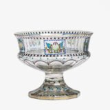Bohemian Glass Compote, c. 1915, with hand-enamelled birds in scalloped blue panels, geometric glass cutting, gilt rim and a faceted foot decorated with black scrolls and blue leaves.
