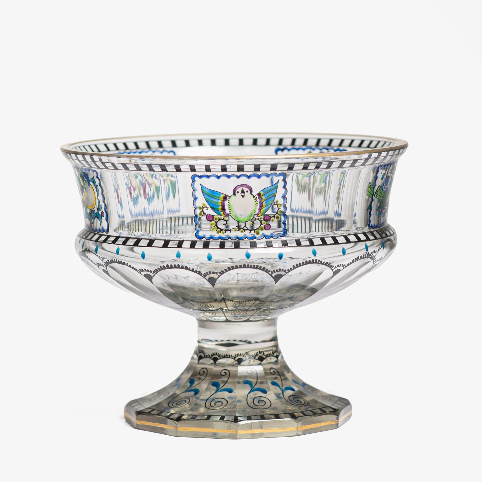 Bohemian Glass Compote, c. 1915, with hand-enamelled birds in scalloped blue panels, geometric glass cutting, gilt rim and a faceted foot decorated with black scrolls and blue leaves.