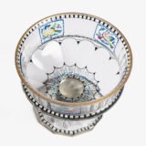 Bohemian Glass Compote, c. 1915, with hand-enamelled birds in scalloped blue panels, geometric glass cutting, gilt rim and a faceted foot decorated with black scrolls and blue leaves.