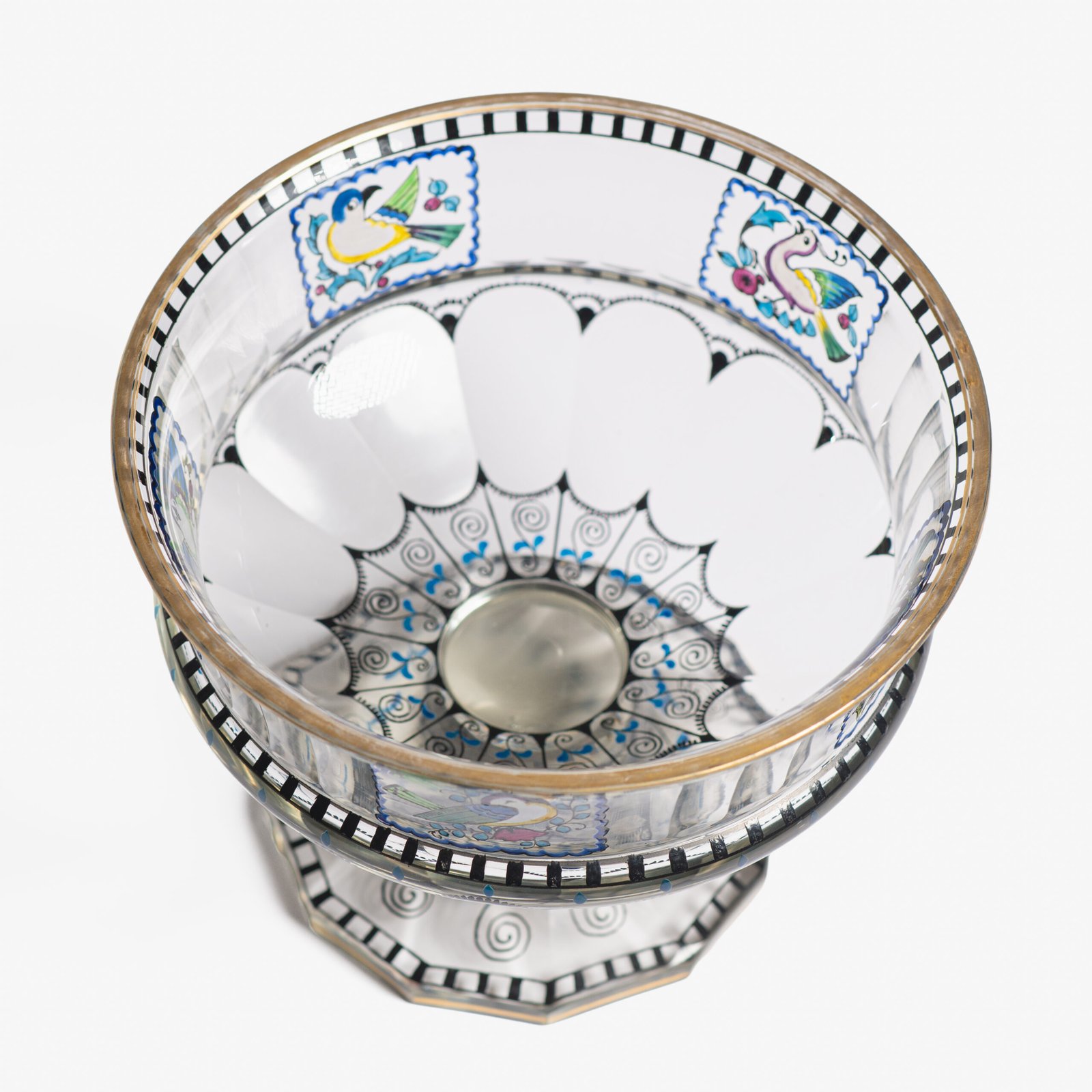 Bohemian Glass Compote, c. 1915, with hand-enamelled birds in scalloped blue panels, geometric glass cutting, gilt rim and a faceted foot decorated with black scrolls and blue leaves.