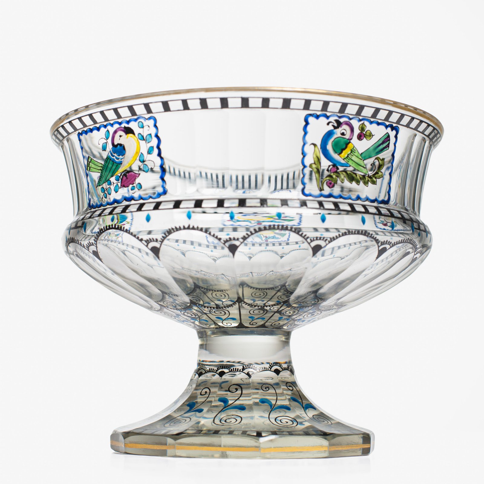 Bohemian Glass Compote, c. 1915, with hand-enamelled birds in scalloped blue panels, geometric glass cutting, gilt rim and a faceted foot decorated with black scrolls and blue leaves.