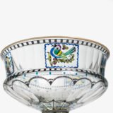 Bohemian Glass Compote, c. 1915, with hand-enamelled birds in scalloped blue panels, geometric glass cutting, gilt rim and a faceted foot decorated with black scrolls and blue leaves.