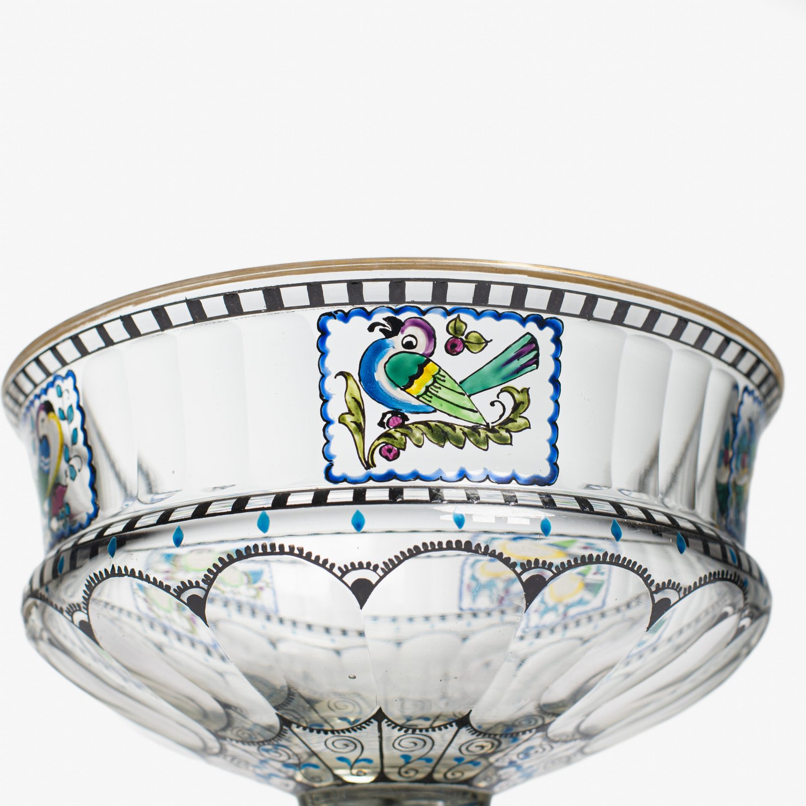 Bohemian Glass Compote, c. 1915, with hand-enamelled birds in scalloped blue panels, geometric glass cutting, gilt rim and a faceted foot decorated with black scrolls and blue leaves.