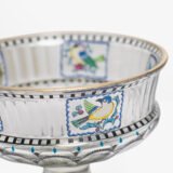 Bohemian Glass Compote, c. 1915, with hand-enamelled birds in scalloped blue panels, geometric glass cutting, gilt rim and a faceted foot decorated with black scrolls and blue leaves.