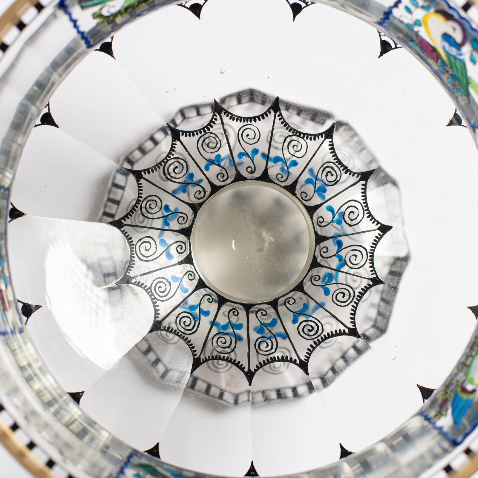 Bohemian Glass Compote, c. 1915, with hand-enamelled birds in scalloped blue panels, geometric glass cutting, gilt rim and a faceted foot decorated with black scrolls and blue leaves.