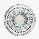 Bohemian Glass Compote, c. 1915, with hand-enamelled birds in scalloped blue panels, geometric glass cutting, gilt rim and a faceted foot decorated with black scrolls and blue leaves.