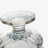Bohemian Glass Compote, c. 1915, with hand-enamelled birds in scalloped blue panels, geometric glass cutting, gilt rim and a faceted foot decorated with black scrolls and blue leaves.