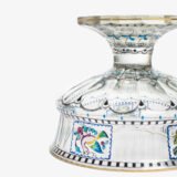Bohemian Glass Compote, c. 1915, with hand-enamelled birds in scalloped blue panels, geometric glass cutting, gilt rim and a faceted foot decorated with black scrolls and blue leaves.